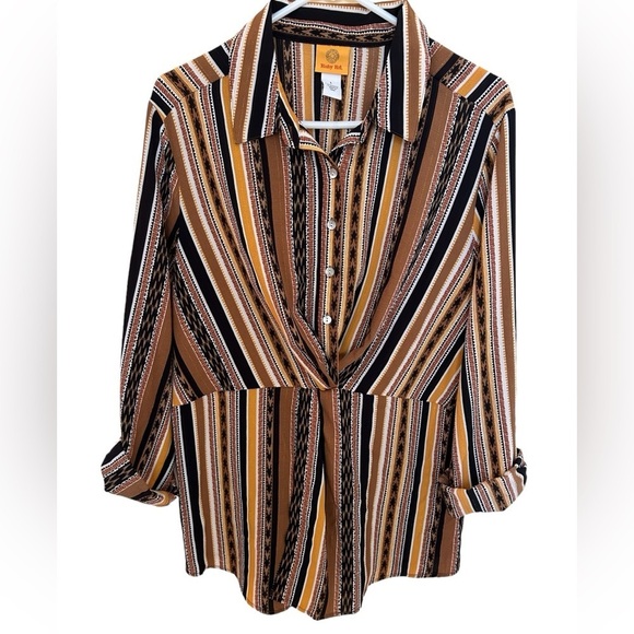 Ruby Red Tunic Blouse Size Large Women's Split Button Mixed Striped Butt… - Picture 7 of 7